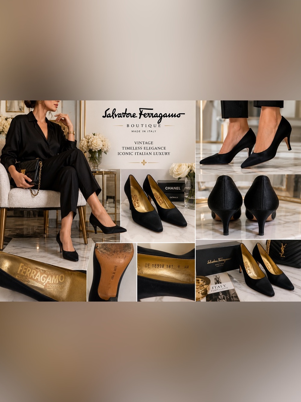 Vintage Salvatore Ferragamo Boutique Black Satin Pumps Made In Italy 9AA